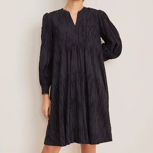 Ann Taylor Dobby Shirred Laced Trim Long Sleeve Black Shift Dress Size 6